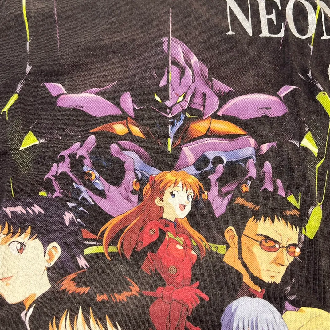 SAINT Mxxxxxx × EVANGELION NEON GNSIS TEE/BLK co-branded Neon Genesis Evangelion distressed short-sleeves, washed black S-XL, vintage NEW VINTAGE, top printing technology, garment dyeing, re-washed, distressed, correct co-branded main mark/washing mark